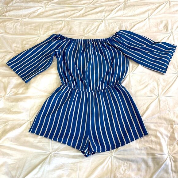 Forever 21 Romper Women M Medium Navy One-Piece Striped Off-Shoulder 3/4 Sleeve - Picture 1 of 7